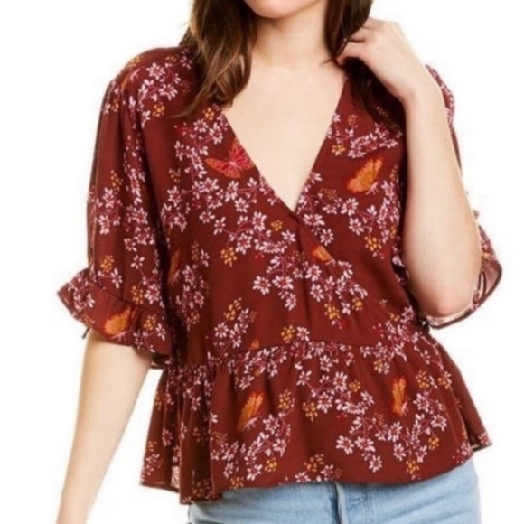 Madewell Tops - Madewell wrap Top Floral Butterfly Print, Flared Tie Sleeve, Viscose, sz 6.